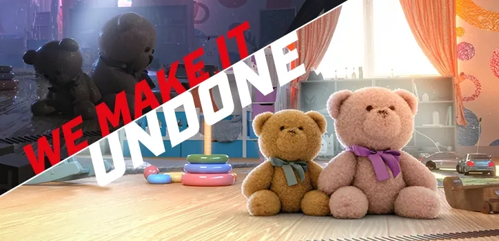 A sinistra una sala giochi con danni da acqua, a destra senza. Il testo al centro: We make it undone.