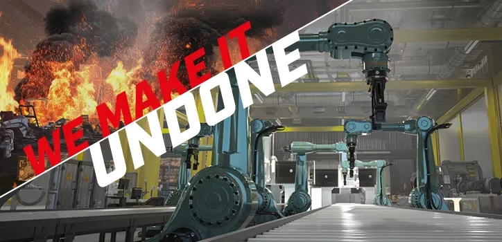 Links eine brennende Montagehalle, rechts nach der Sanierung. Mittig der Text: We make it undone.